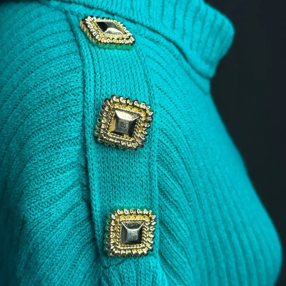 Vintage St. John Collection by Marie Gray Sweater Gold Button Teal Green Size M